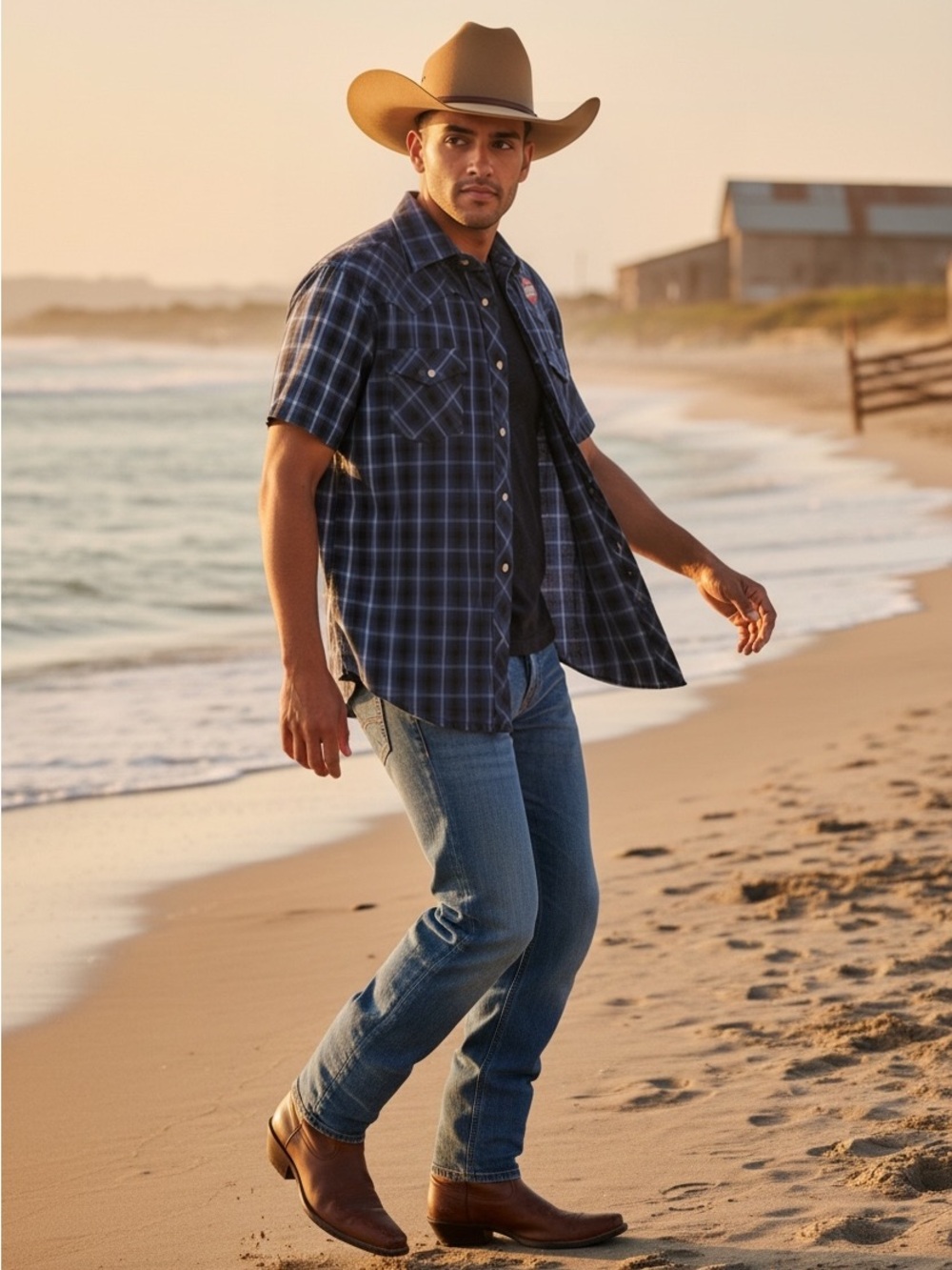 Wrangler Western Blue & Black Plaid Short Sleeve Button-Up Shirt